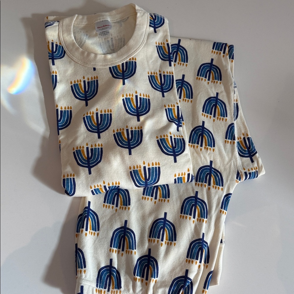 Hanna Andersson Cream and Blue Menorah Sweatshirt and sweatpants.  Large